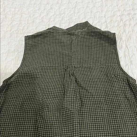 Eileen Fisher Loden Green Gingham Puckered Organic Linen Dress XS NWT